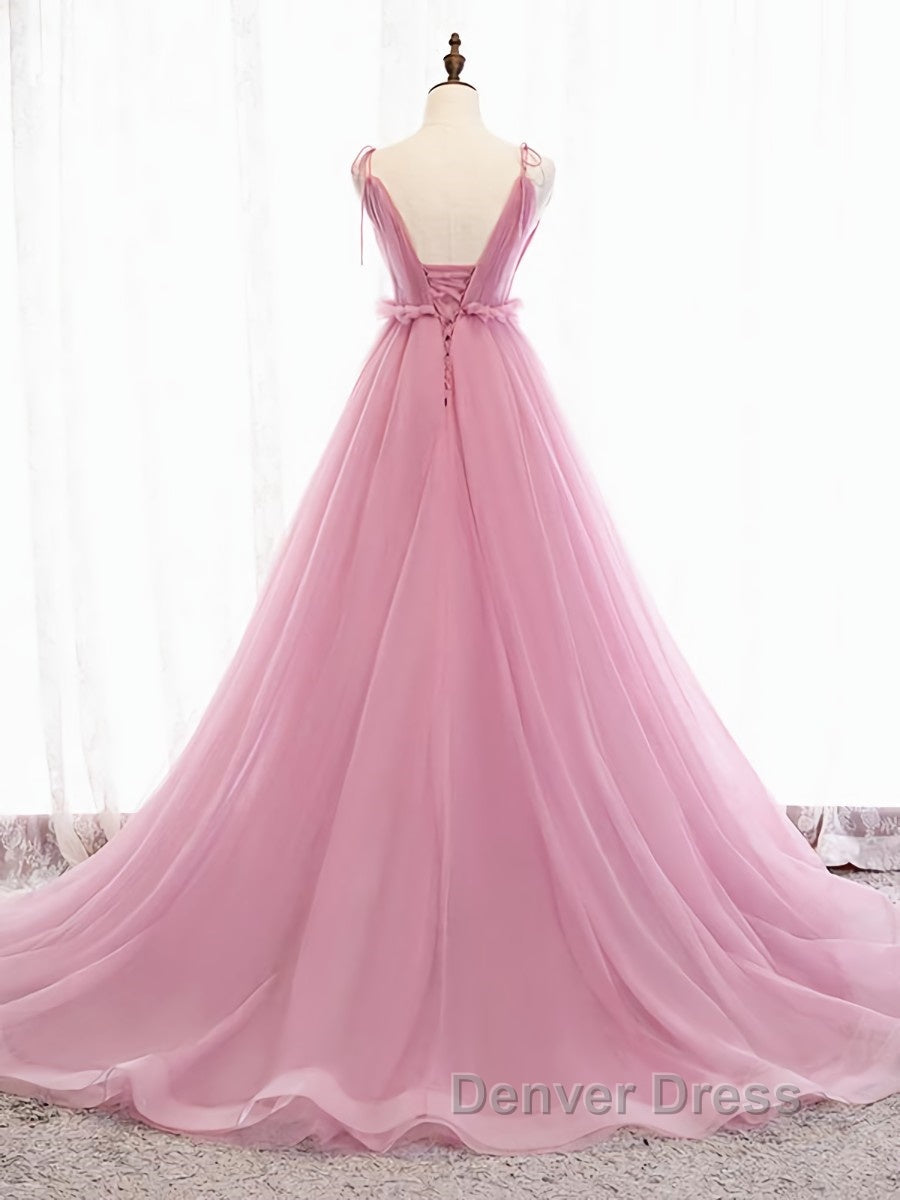 V Neck Pink Tulle Prom Dress with Train, Pink Long Prom Graduation Dresses