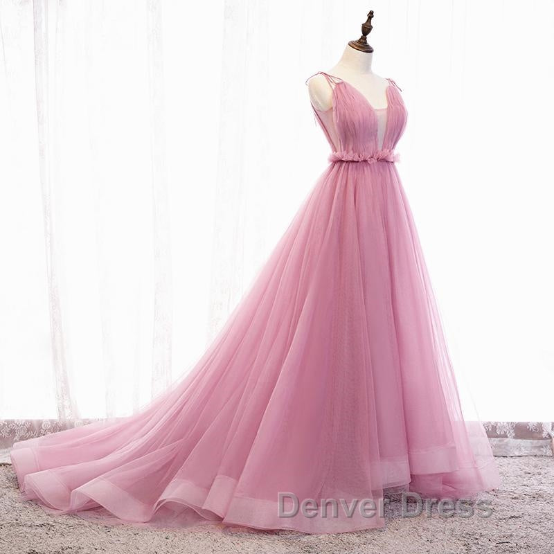 V Neck Pink Tulle Prom Dress with Train, Pink Long Prom Graduation Dresses