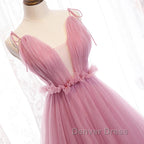 V Neck Pink Tulle Prom Dress with Train, Pink Long Prom Graduation Dresses
