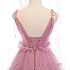 V Neck Pink Tulle Prom Dress with Train, Pink Long Prom Graduation Dresses