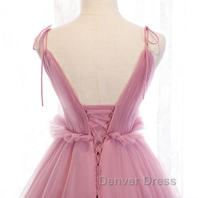 V Neck Pink Tulle Prom Dress with Train, Pink Long Prom Graduation Dresses