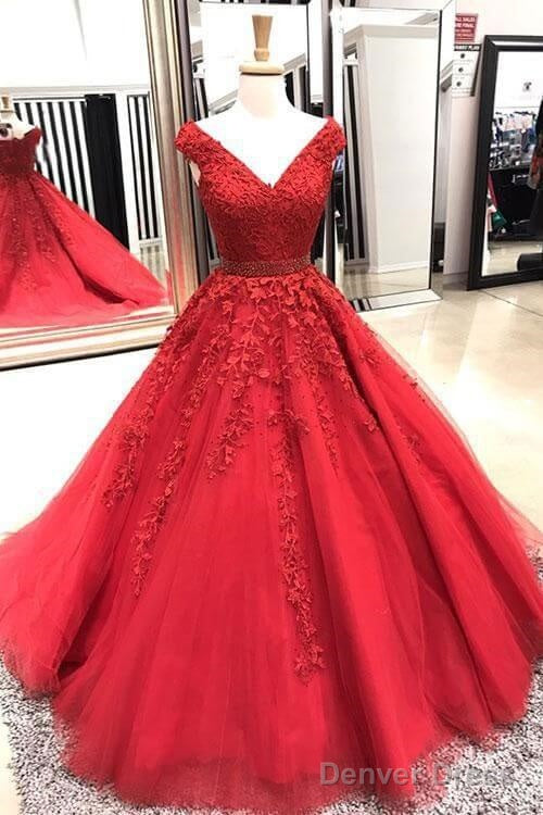 V Neck Prom Dresses Red Lace Formal Gowns A Line Sleeveless Beaded Belt Main image