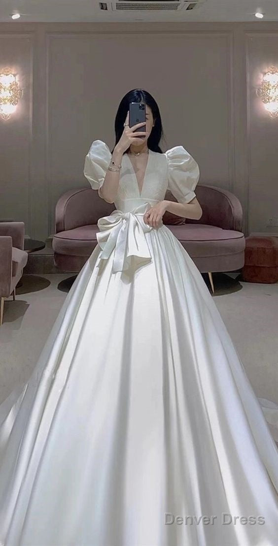 V-Neck Puff Sleeves Newest Wedding Dress, Luxury A-Line Bridal Gown Prom Dresses