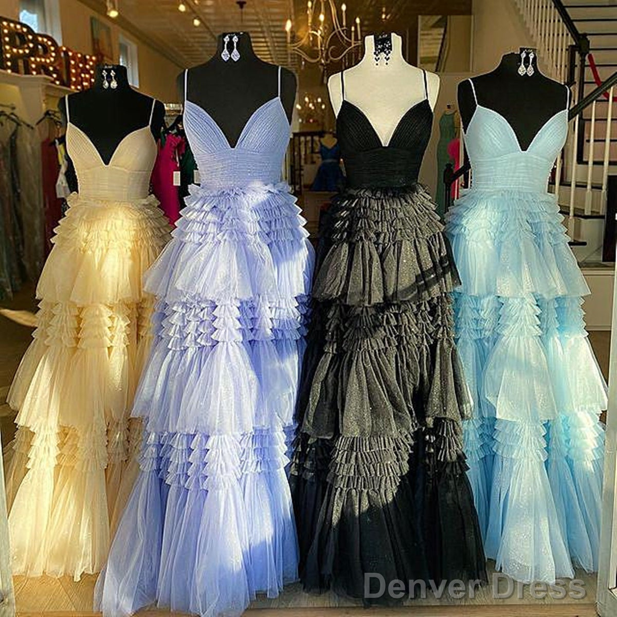 V Neck Puffy Purple Blue Black Champagne Prom Dresses, V Neck Long Formal Evening Dresses