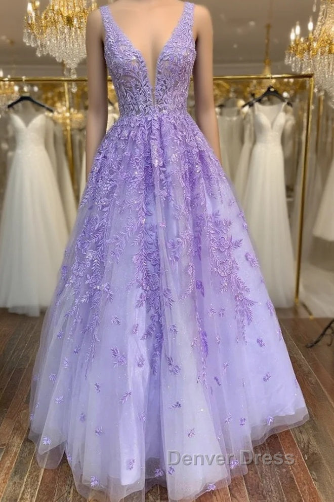 V Neck Purple Lace Long Prom Dress, Long Purple Lace Prom Dress, Lilac Lace Prom Dresses