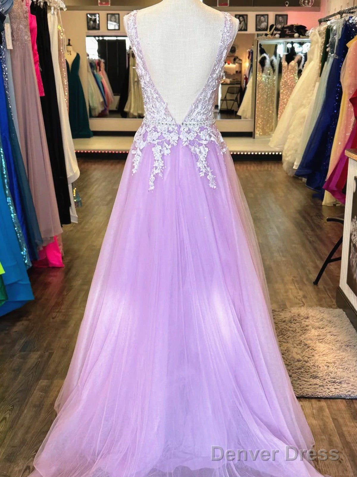 V Neck Purple Long Lace Prom Dresses, Lilac Purple Long Lace Formal Evening Dresses Secondary image