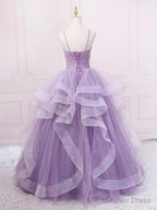 V Neck Purple Sequin Long Prom Dress, Purple V Neck Long Formal Evening Dresses