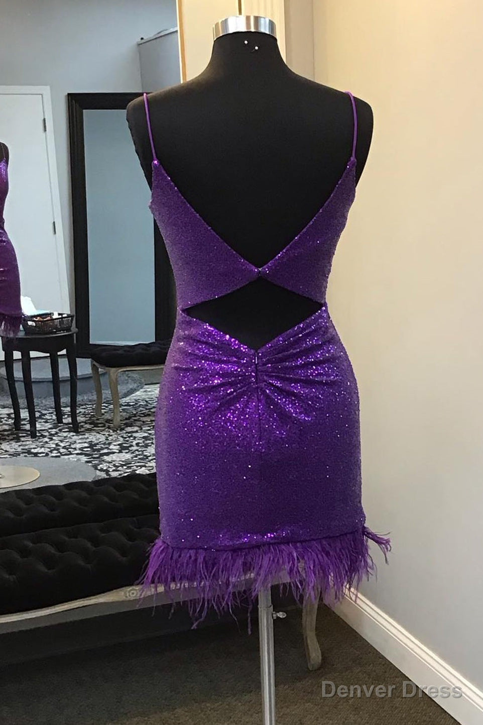 V-Neck Purple Sequins Homecoming Dress with Feather Hem Secondary image