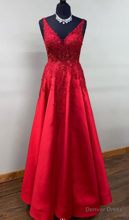 V Neck Red Long Prom Dresses with Lace and Beading