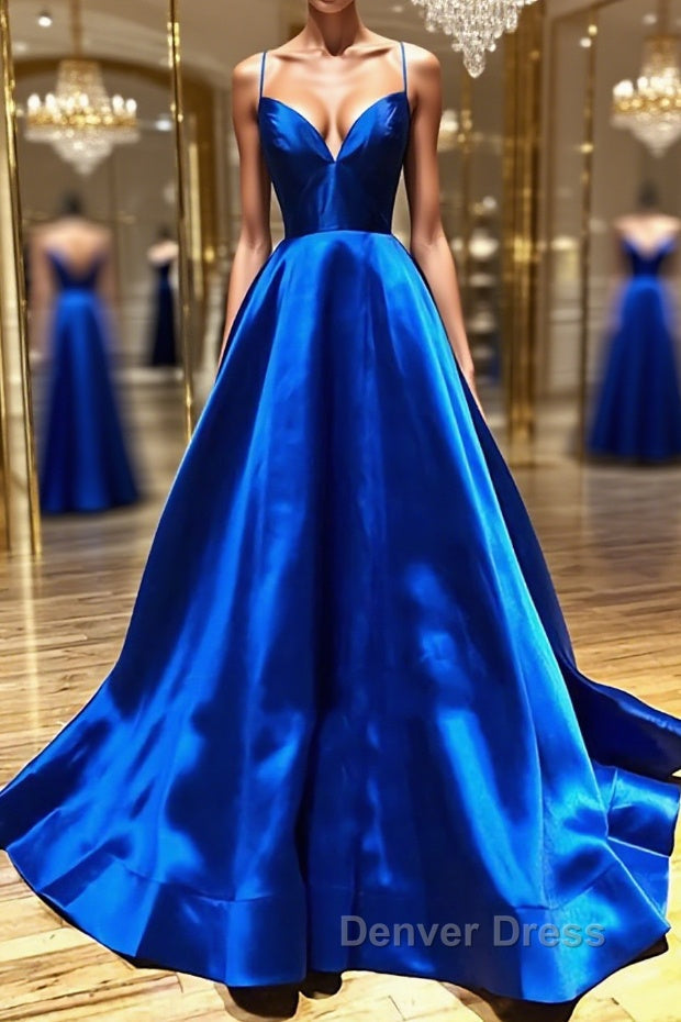 V Neck Royal Blue Backless Prom Dress, Royal Blue Backless Prom Gradua