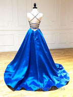 V Neck Royal Blue Backless Prom Dress, Royal Blue Backless Prom Graduation Prom Dresses