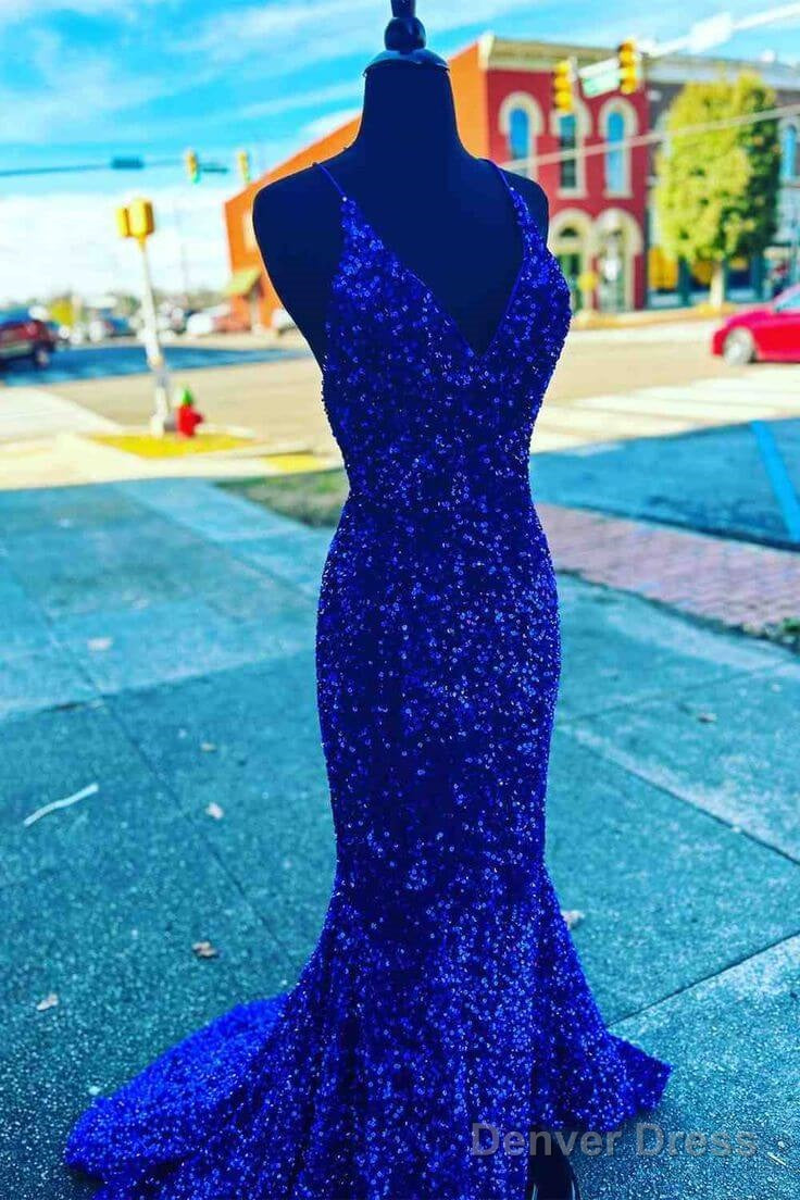 V Neck Royal Blue Evening Dresses Uk Seqins Long Prom Dress Mermaid With Split