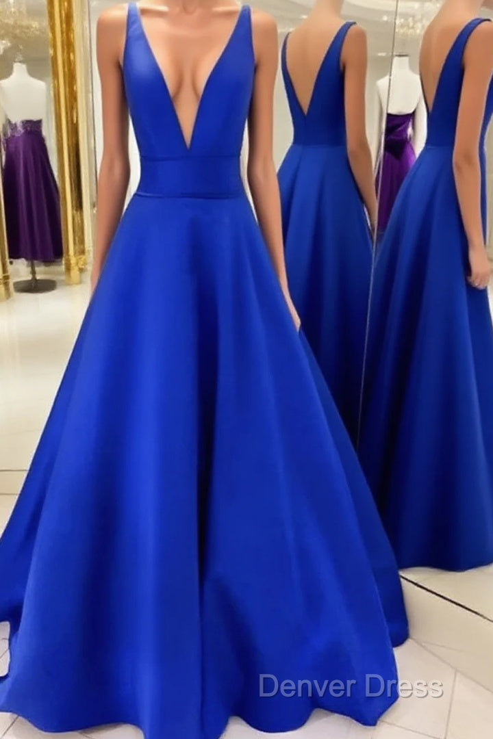 V Neck Royal Blue Satin Prom Dress, Royal Blue Satin Prom Bridesmaid Dresses Main image