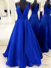 V Neck Royal Blue Satin Prom Dresses, Royal Blue Satin Formal Evening Bridesmaid Dresses