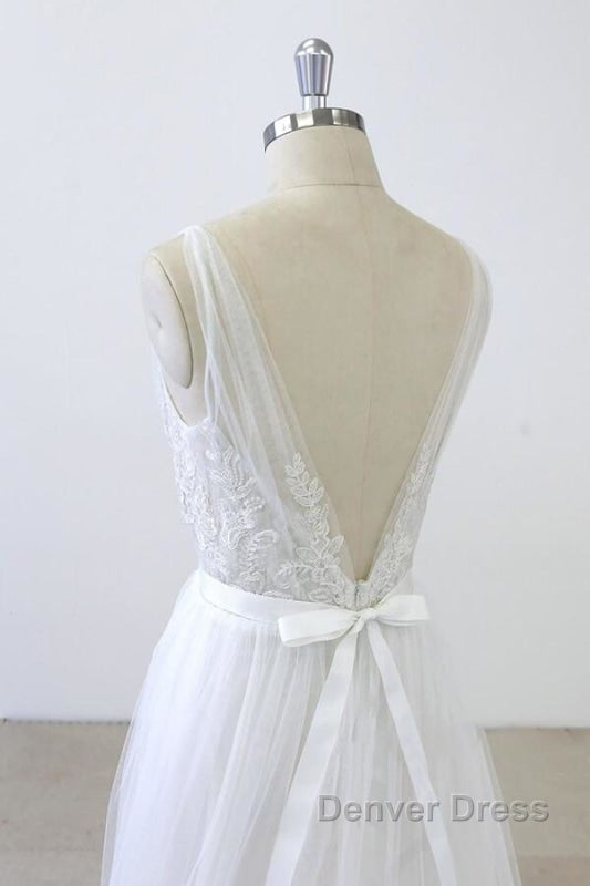 V Neck Ruffle Applqiues Tulle A Line Wedding Dresses