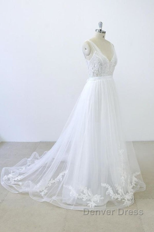 V Neck Ruffle Applqiues Tulle A Line Wedding Dresses