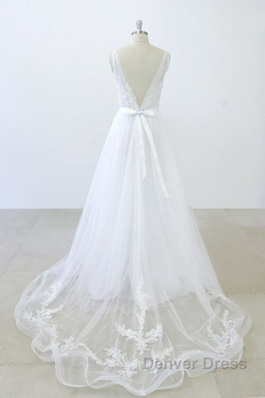 V Neck Ruffle Applqiues Tulle A Line Wedding Dresses