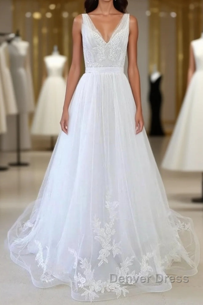 V Neck Ruffle Applqiues Tulle A Line Wedding Dresses Main image
