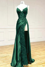 V Neck Satin Lace Long Prom Dress, Lace Long Prom Dresses