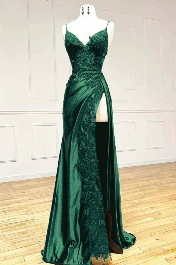 V Neck Satin Lace Long Prom Dress, Lace Long Prom Dresses