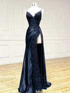 V Neck Satin Lace Long Prom Dress, Lace Long Prom Dresses