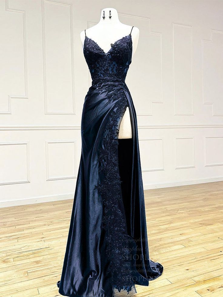 V Neck Satin Lace Long Prom Dress, Lace Long Prom Dresses