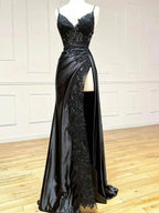 V Neck Satin Lace Long Prom Dress, Lace Long Prom Dresses