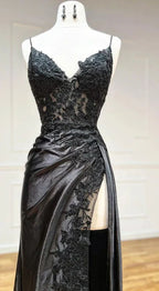 V Neck Satin Lace Long Prom Dress, Lace Long Prom Dresses