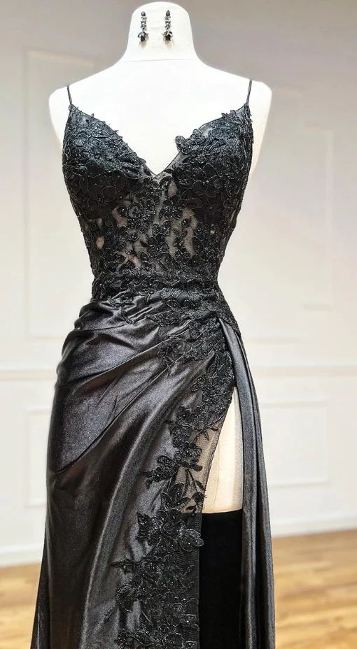 V Neck Satin Lace Long Prom Dress, Lace Long Prom Dresses