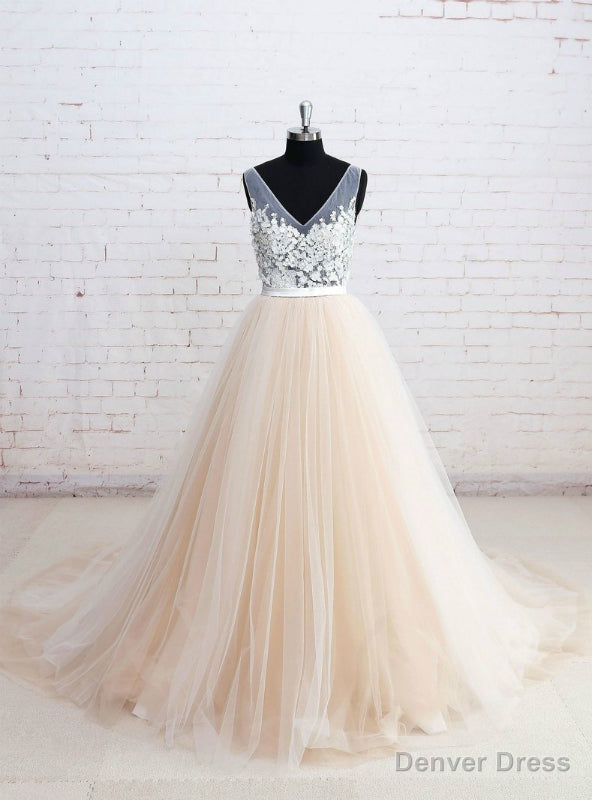 V Neck See through Bodice Champagne Tulle Wedding Dresses