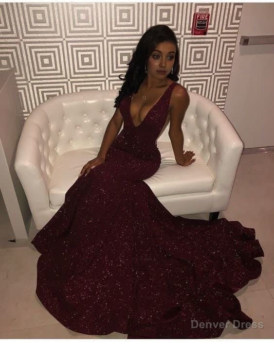V neck Sequin Burgundy Mermaid Prom Dresses
