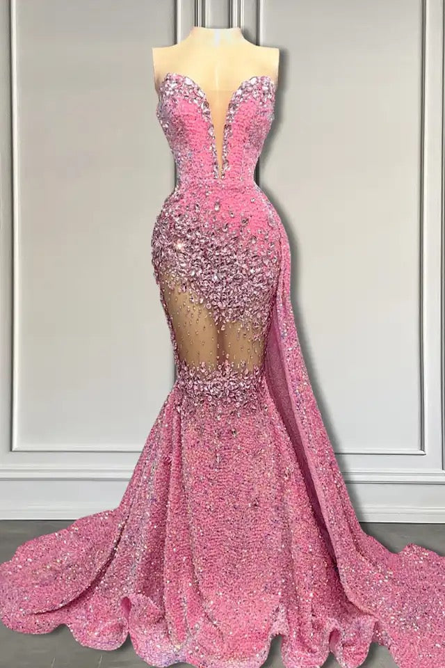 V-Neck Sequins Prom Dress Mermaid Sleeveless Crystal. Main image