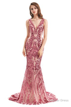 V Neck Sequins Sleeveless Lace up Mermaid Prom Dresses