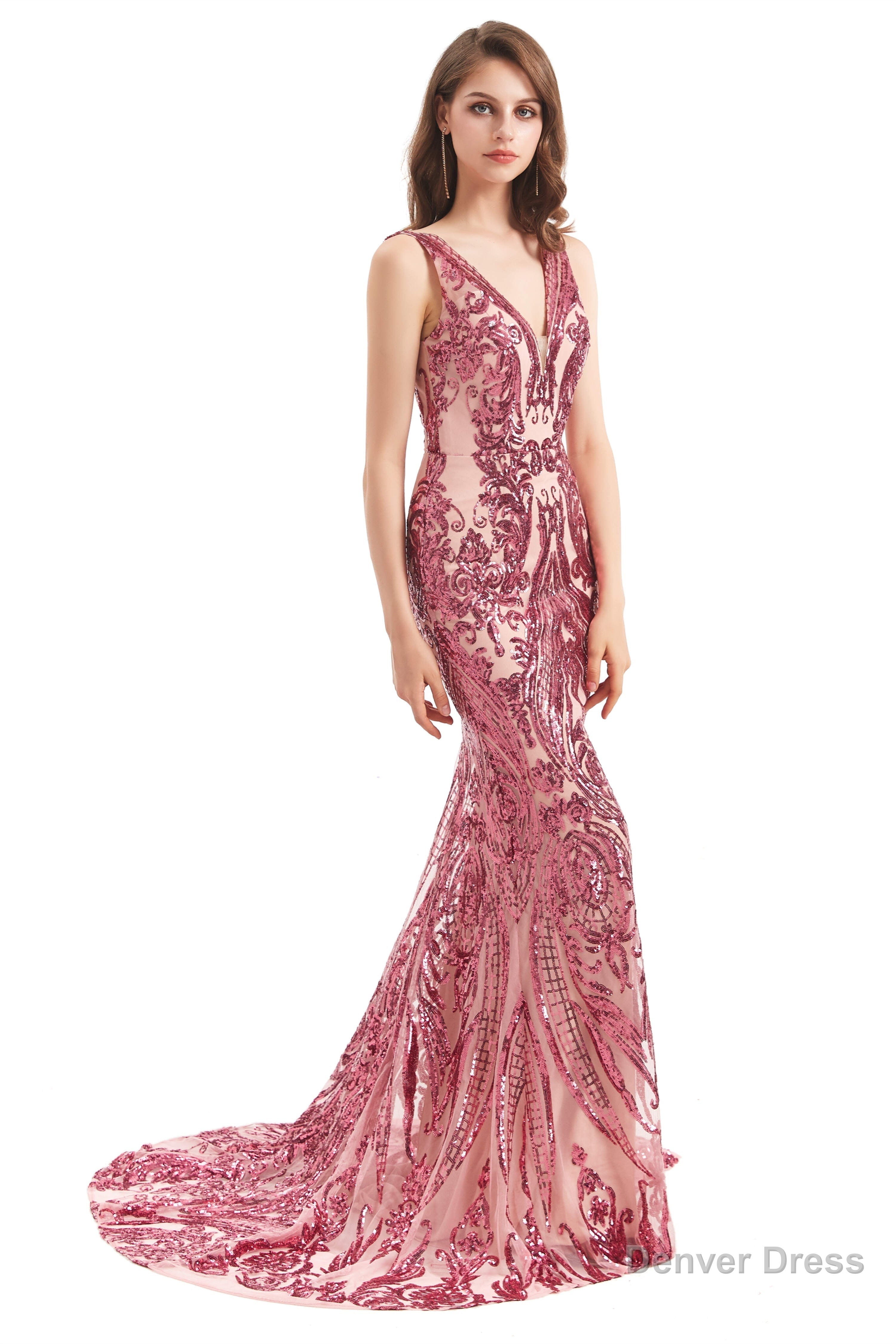 V Neck Sequins Sleeveless Lace up Mermaid Prom Dresses