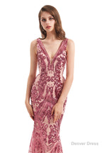 V-Neck Sequins Sleeveless Lace-up Mermaid Prom Dresses