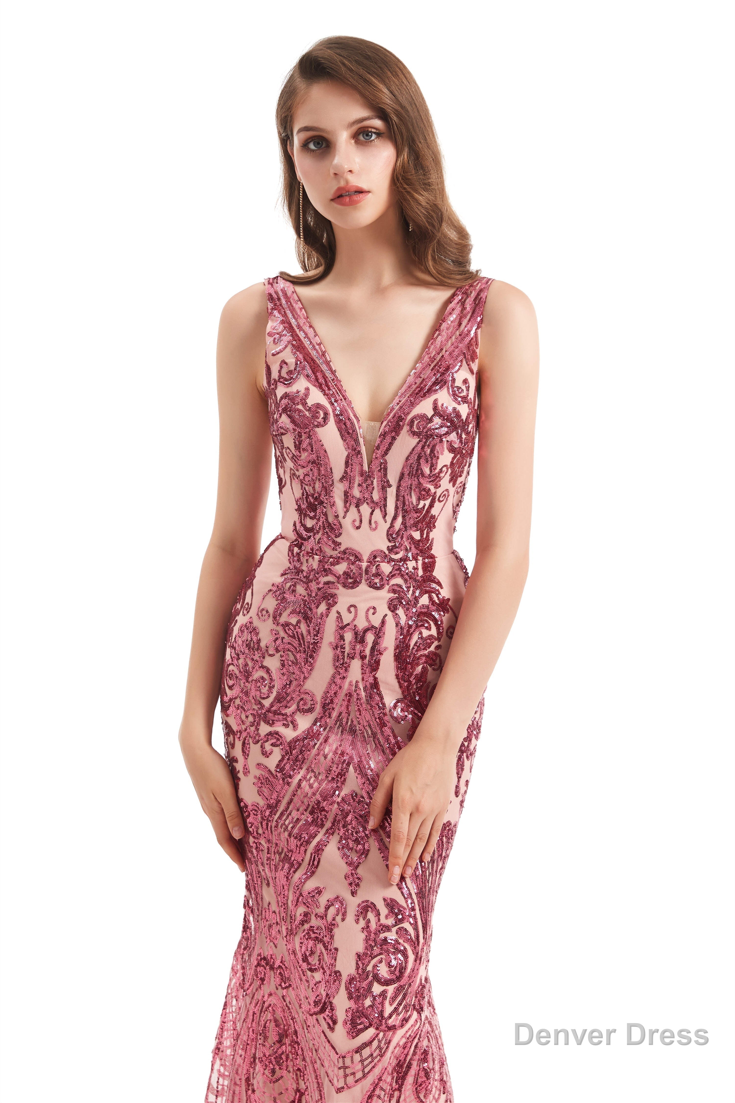 V-Neck Sequins Sleeveless Lace-up Mermaid Prom Dresses