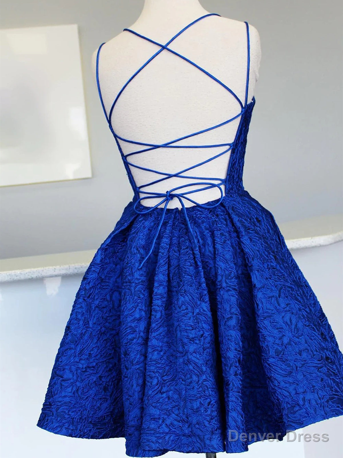 V Neck Short Backless Blue Lace Prom Dress, Open Back Short Blue Lace Prom Homecoming Dresses