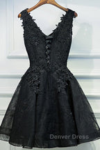 V Neck Short Black Lace Prom Dress, Black Lace Homecoming Dress, Short Black Prom Dresses