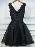 V Neck Short Black Lace Prom Dress, Short Black Lace Graduation Homecoming Dresses