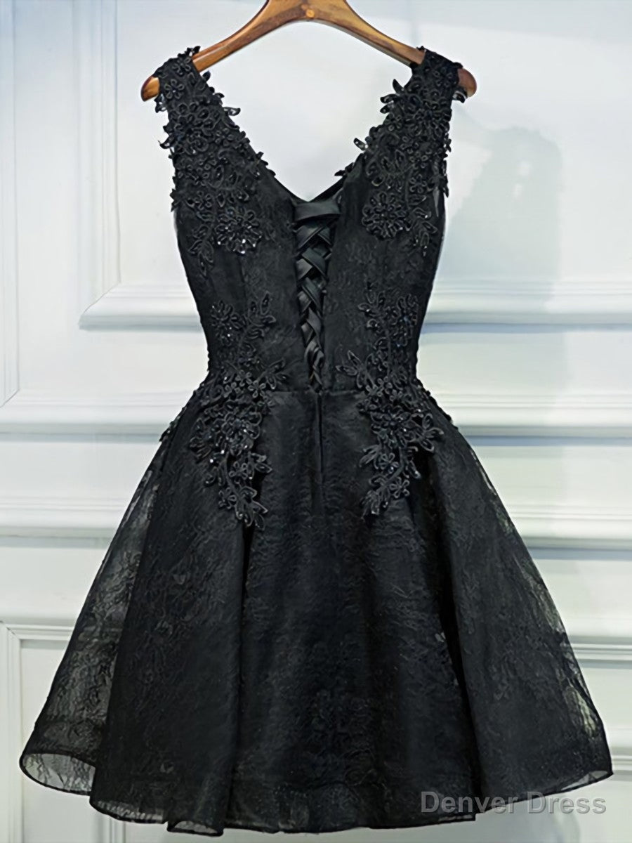 V Neck Short Black Lace Prom Dress, Short Black Lace Graduation Homecoming Dresses