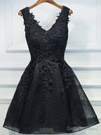 V Neck Short Black Lace Prom Dress, Short Black Lace Graduation Homecoming Dresses