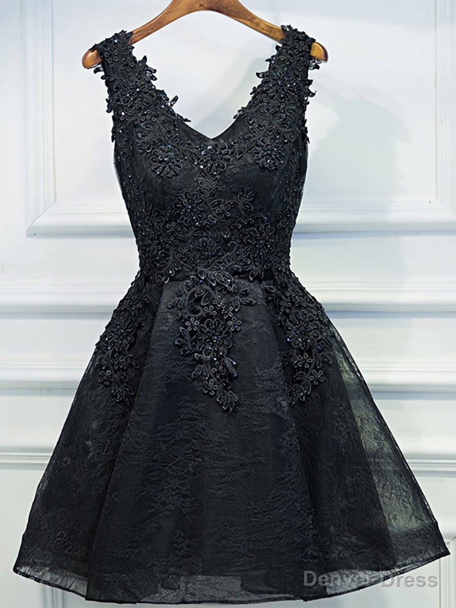 V Neck Short Black Lace Prom Dress, Short Black Lace Graduation Homecoming Dresses