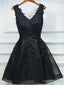 V Neck Short Black Lace Prom Dress, Short Black Lace Graduation Homecoming Dresses