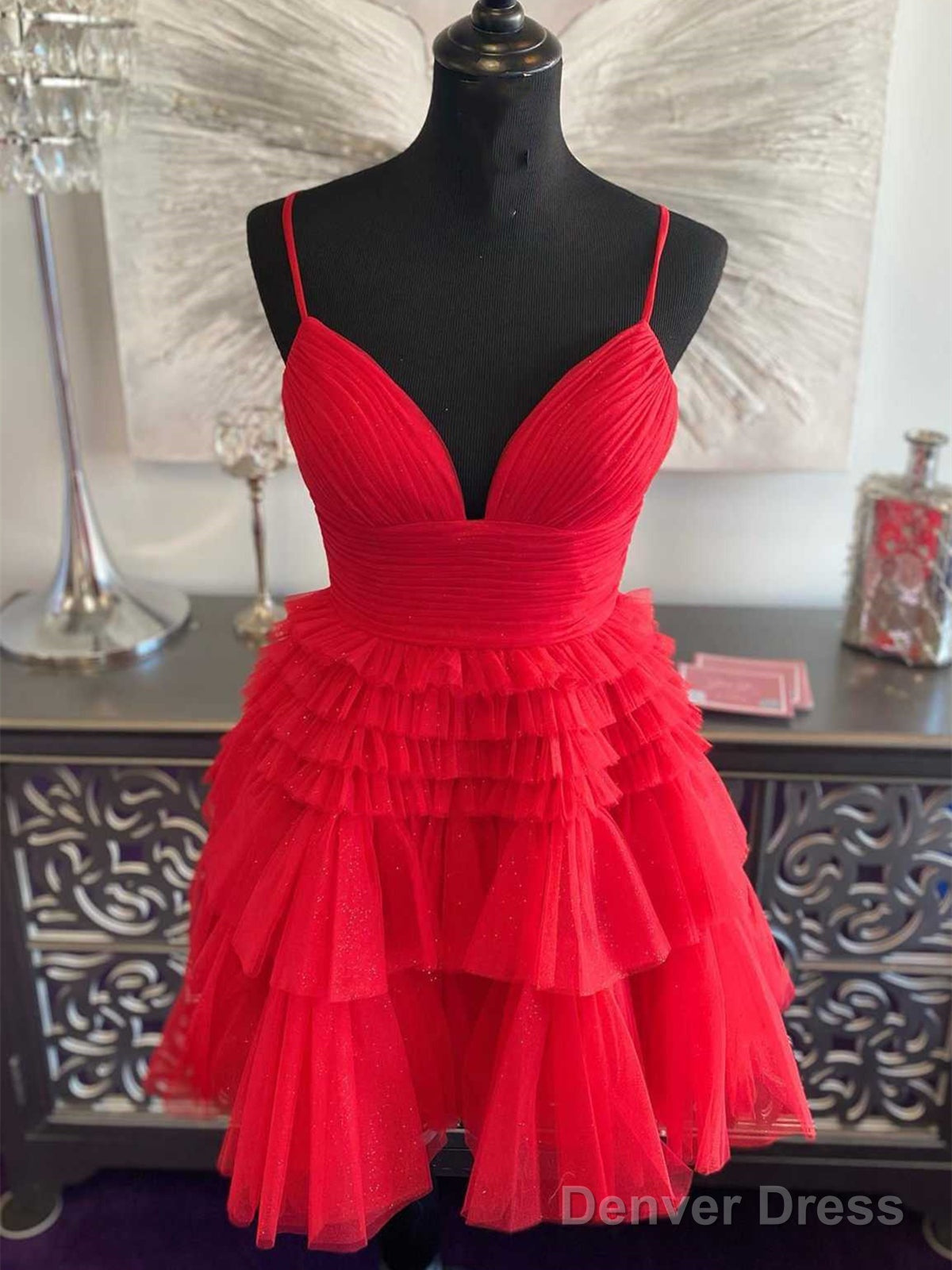 V Neck Short Black Red Prom Dress, Short Red Black Prom Homecoming Dresses