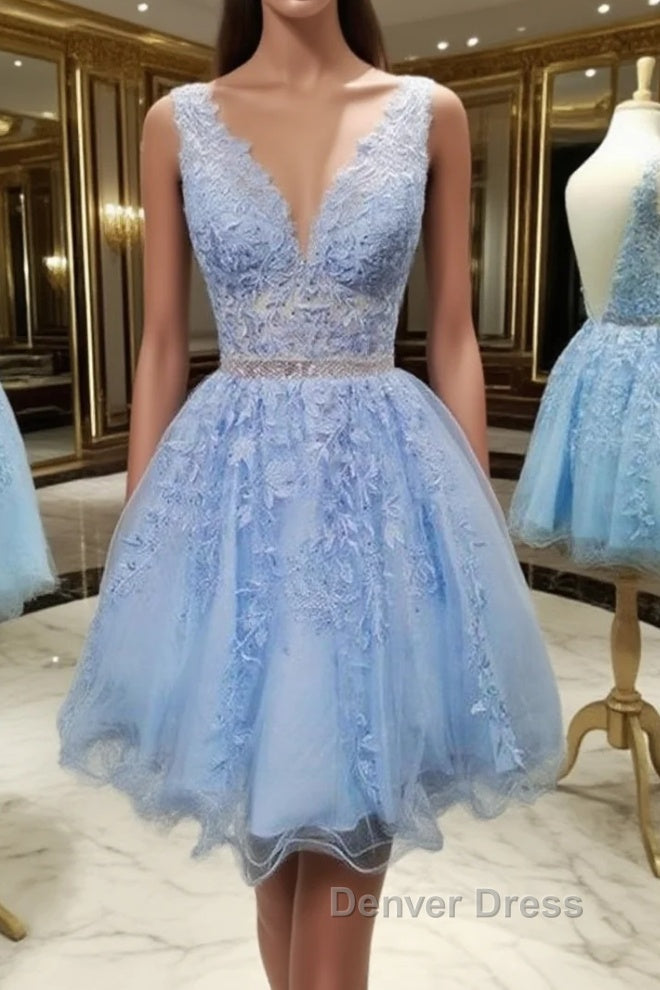 V Neck Short Blue Lace Prom Dresses, Short Blue Lace Formal Homecoming Dresses Main image