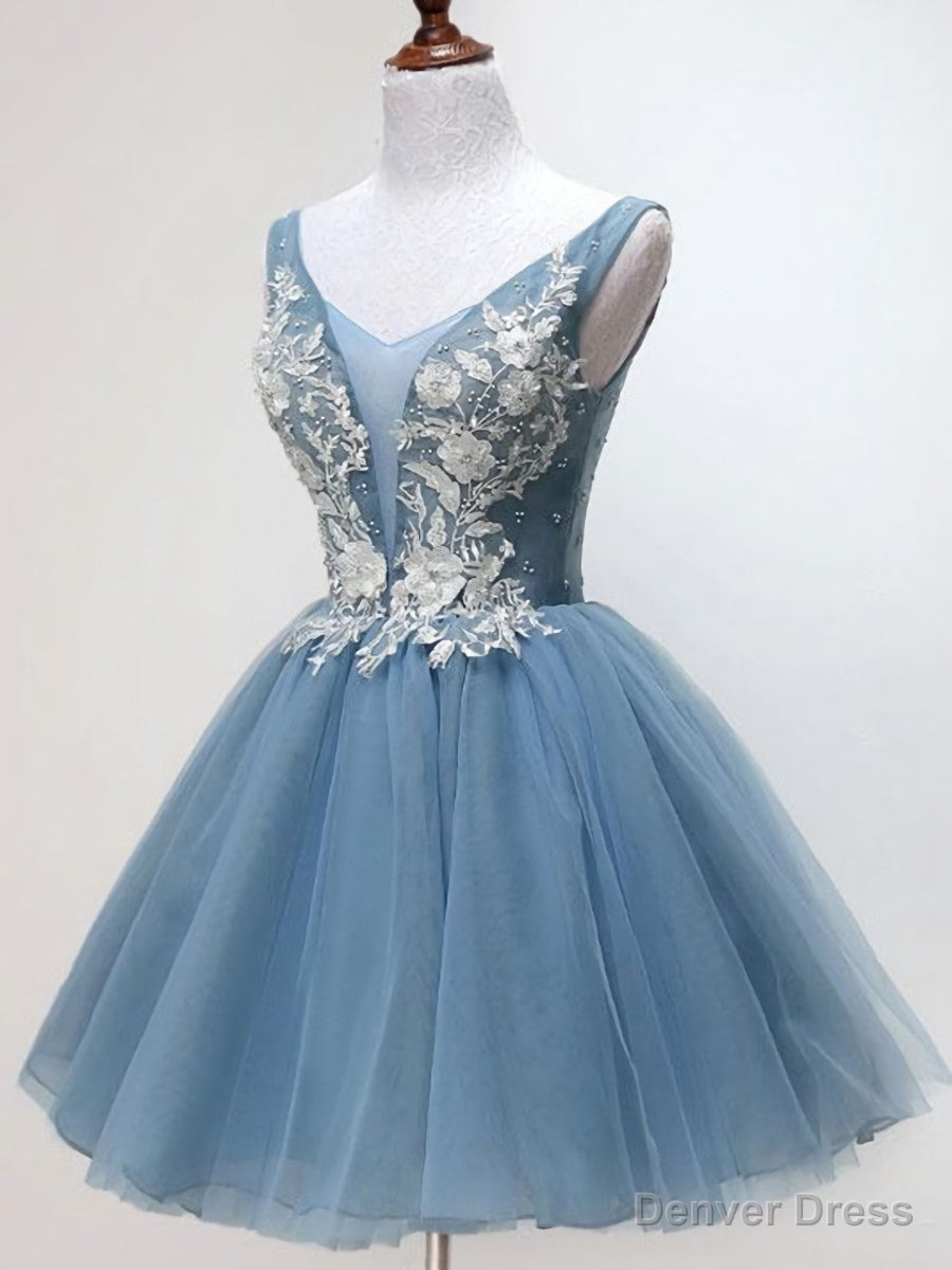 V Neck Short Blue Lace Prom Dresses, Short Blue Lace Graduation Homecoming Dresses Main image