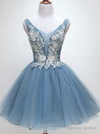 V Neck Short Blue Lace Prom Dress, Short Blue Lace Graduation Homecoming Dresses