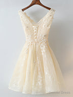 V Neck Short Champagne Lace Prom Dress, Short Champagne Lace Prom Homecoming Dresses