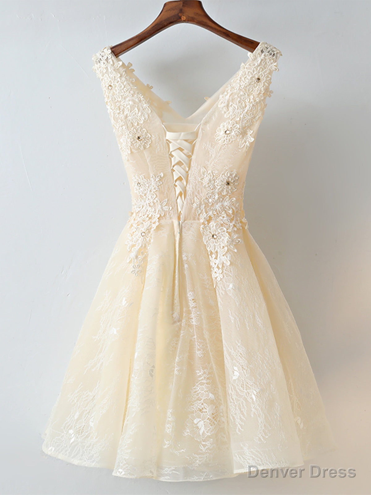 V Neck Short Champagne Lace Prom Dress, Short Champagne Lace Prom Homecoming Dresses