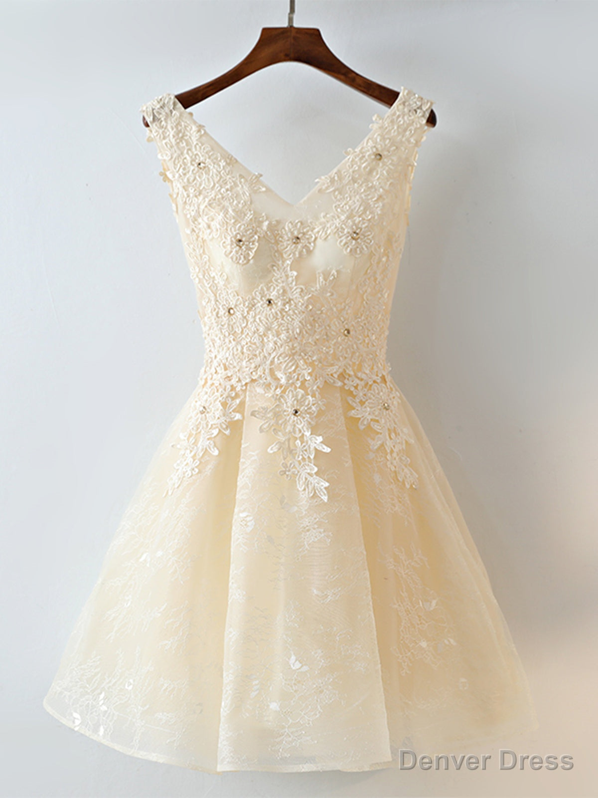 V Neck Short Champagne Lace Prom Dresses, Short Champagne Lace Formal Homecoming Dresses Main image